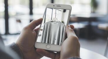 A man hands holding a smartphone displaying a gray cardigan for online shopping photo