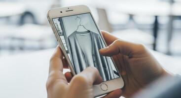 Woman hands holding smartphone displaying grey cardigan for online shopping and fashion photo
