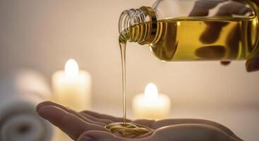 Golden oil pouring from a bottle onto a woman hand in a serene spa setting with candles photo