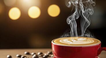Steaming hot coffee in a red cup with latte art and roasted beans on a table photo