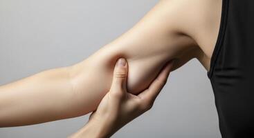 Close up of a woman upper arm with loose skin, highlighting concerns about aging and body changes. photo
