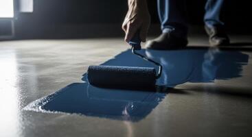 Man painting a concrete floor with a blue paint roller for home renovation project photo