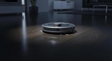 Sleek robotic vacuum cleaner autonomously cleans dark wooden floor in modern smart home interior photo