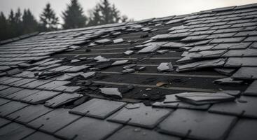 Severely damaged dark grey slate tile roof showing extensive disrepair and urgent need for repair. photo