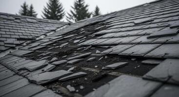 Severely damaged dark grey slate tile roof showing broken and missing tiles requiring repair photo