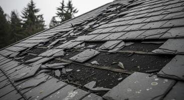 Severely damaged dark grey slate tile roof with broken and missing tiles requiring repair photo