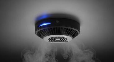 Modern smoke detector with blue light detecting smoke on a grey ceiling for home safety. photo