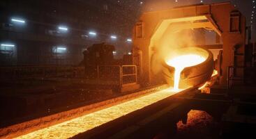 Molten metal pouring from a ladle into a glowing channel in a dark steel mill photo