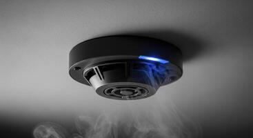 Sleek black smoke detector with blue light and smoke on a grey ceiling for fire safety. photo