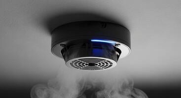 Modern black smoke detector with blue light on a grey ceiling detecting smoke for home safety. photo