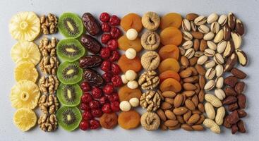 Colorful assortment of healthy dried fruits and nuts arranged in neat rows photo