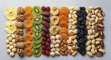 Overhead view of a colorful assortment of dried fruits and nuts arranged in neat rows photo