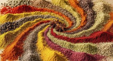 Colorful swirling pattern of various aromatic spices and herbs for culinary use photo