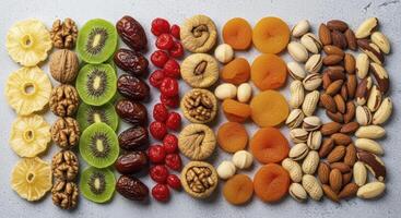 Colorful assortment of dried fruits and nuts arranged in neat rows, healthy snack photo