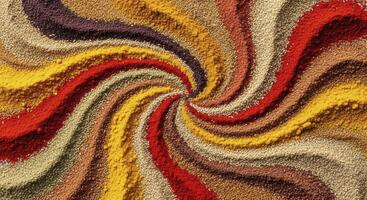 Vibrant colorful spices and grains arranged in a swirling abstract pattern for culinary use photo