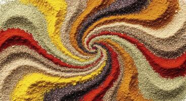 Vibrant colorful spices and herbs arranged in a swirling abstract pattern photo