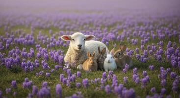 Fluffy white lamb and four small rabbits together in a vibrant purple flower field photo