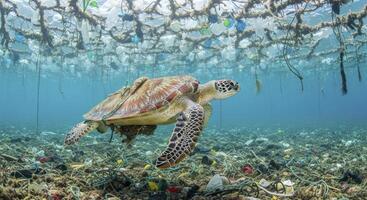 Sea turtle swimming through a heavily polluted ocean filled with plastic waste and debris photo