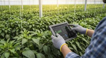 Farmer using a digital tablet to manage smart irrigation and crop growth in a modern greenhouse photo