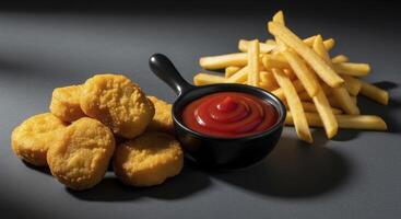 Golden chicken nuggets and crispy french fries with a bowl of red ketchup on a dark surface photo