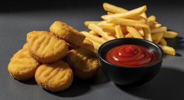 Golden brown chicken nuggets and crispy french fries with a bowl of red ketchup photo