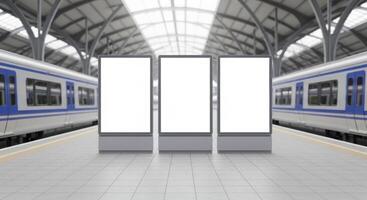 Three blank white digital billboards on a modern train station platform with trains photo