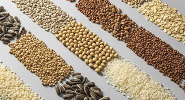 Diagonal rows of various healthy grains and seeds including sunflower, soybean, rice, buckwheat, and oat photo