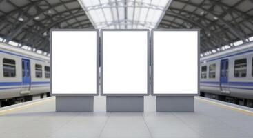 Three blank white digital billboards on a train station platform for advertising photo