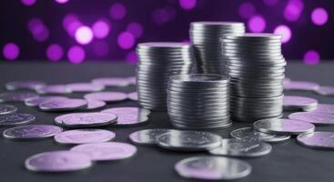 Stacks of shiny silver coins on a dark surface with purple bokeh lights representing finance and wealth photo