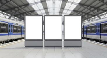 Three blank white digital billboards on a modern train station platform for advertising photo