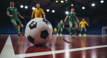 Futsal ball on indoor court with male players in action during a professional match. photo