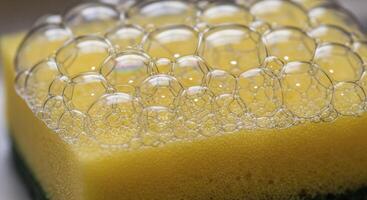 Macro view of clear soap bubbles with iridescent reflections on a yellow cleaning sponge photo