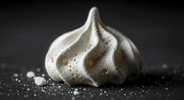 Close up of a single white meringue cookie with delicate porous texture on a dark background. photo