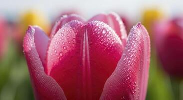 Close up of Vibrant Pink Tulip Petal Adorned with Glistening Morning Dew photo