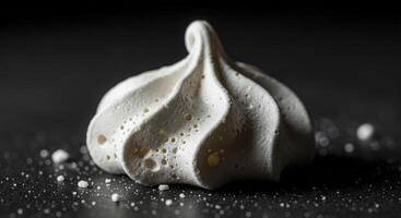 White meringue cookie with delicate porous texture on a dark surface, a sweet dessert. photo