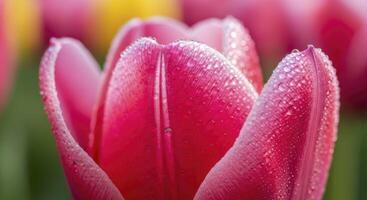 Vibrant pink tulip petal covered in glistening dew drops, a close up macro view photo