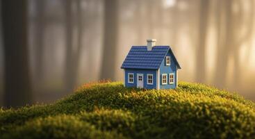 Miniature blue house on a mossy hill in a misty forest with golden light photo