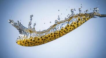 Dynamic splash of water with passion fruit seeds suspended in clear liquid photo
