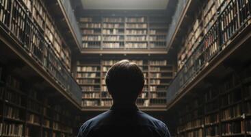 Man standing in a grand, dimly lit library surrounded by towering bookshelves. photo