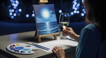 Woman painting a moonlit ocean scene on canvas with wine during a relaxing evening art session photo