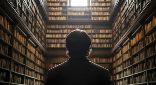 Man standing in a grand, dimly lit library surrounded by towering bookshelves photo