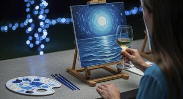 Woman painting a vibrant moonlit ocean scene on canvas, enjoying a glass of wine. photo