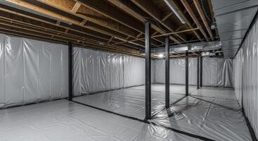 Clean encapsulated crawl space or unfinished basement with white vapor barrier and exposed joists photo
