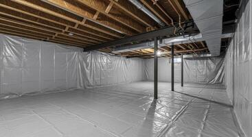 Clean encapsulated crawl space or unfinished basement with exposed joists and utilities photo
