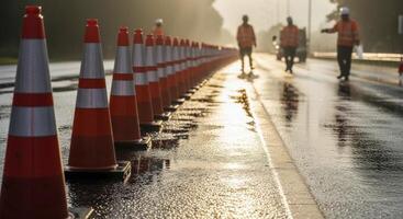 Long line of orange traffic cones on a wet road with construction workers in golden hour light photo