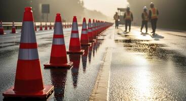 Long line of orange traffic cones on a wet road at a construction site with workers photo