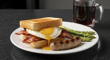 Hearty breakfast plate with fried egg sandwich, bacon, sausage, asparagus, and coffee photo