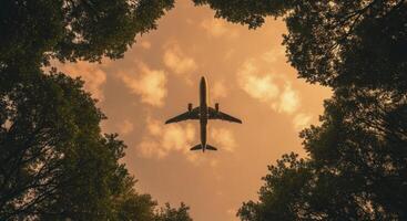 Passenger airplane flying high above through a canopy of green trees at golden hour photo