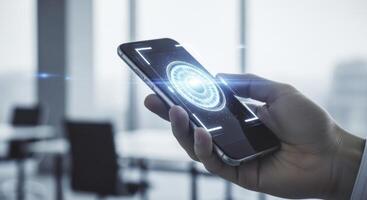 Man hand holding a smartphone displaying a glowing biometric iris scan for digital security photo