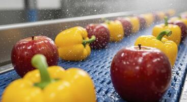 Red apples and yellow bell peppers on a conveyor belt being washed in a food processing plant photo